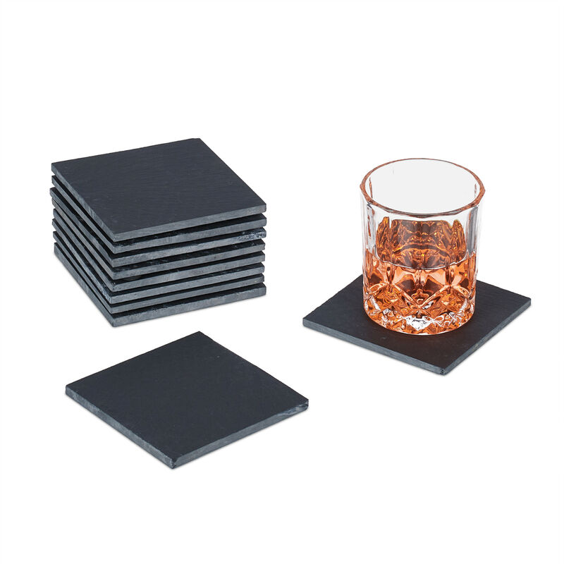 foto del prodotto sottobicchieri in ardesia, set 10 piattini poggia bicchieri da bar, 10x10cm sotto tazza e bottiglia, antracite relaxdays