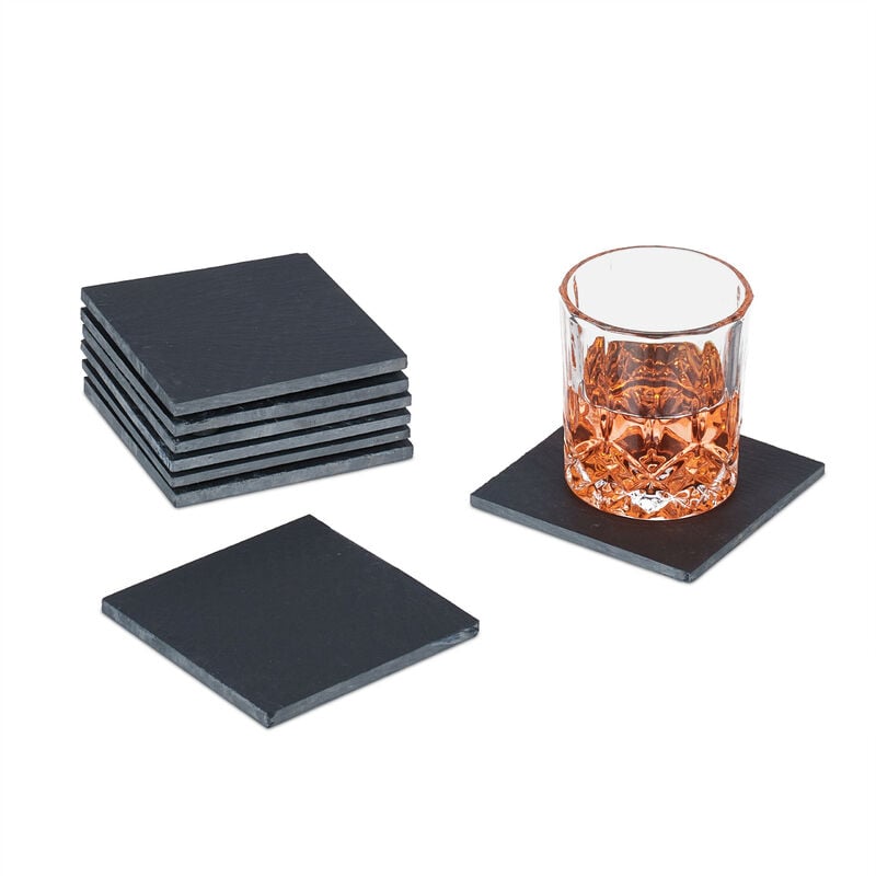 foto del prodotto sottobicchieri in ardesia, set 8 piattini poggia bicchieri da bar, 10x10cm sotto tazza e bottiglia, antracite relaxdays