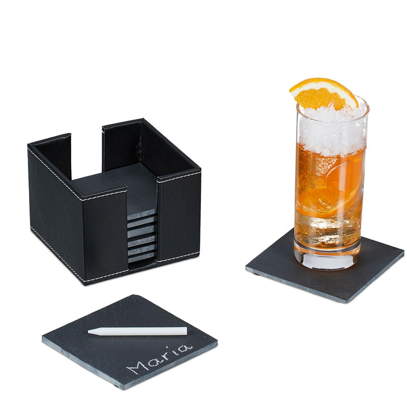 foto del prodotto sottobicchieri in ardesia, set da 8 sottotazza quadrati, 10x10 cm, sotto calici con box in plastica, antracite relaxdays