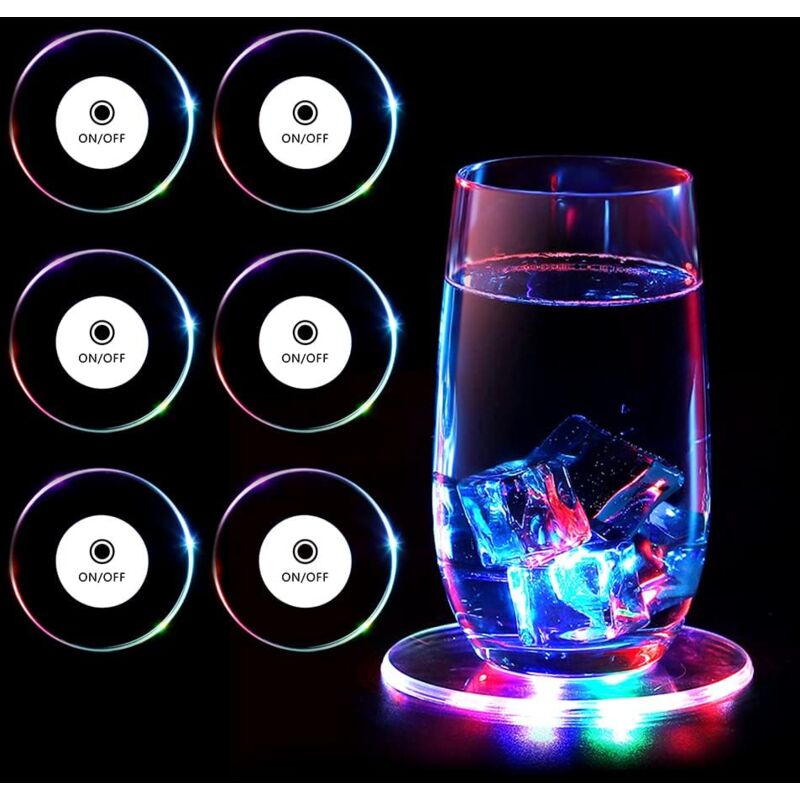 foto del prodotto sottobicchieri luminosi a led, 6 pezzi da 10 cm, rotondi, trasparenti, con 3 modalit di illuminazione per bevande, feste, matrimoni, bar, colorati