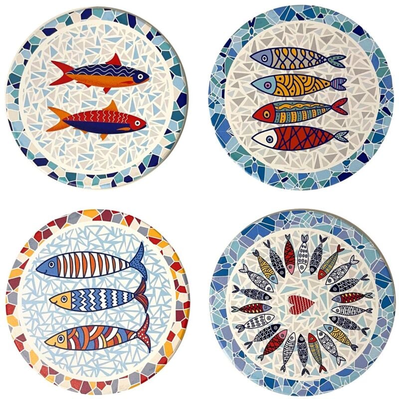 foto del prodotto sottobicchieri pesce 4 diversi disegni in ceramica marinara e nautica per proteggere la tua tavola in modo originale