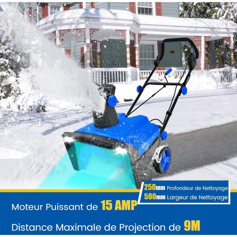 foto del prodotto souffleuse neige lectrique manuelle avec 2 lumi res led, d neigeuse filaire 15 a 500 mm avec goulotte rotative 180 distance de projection 9 m,