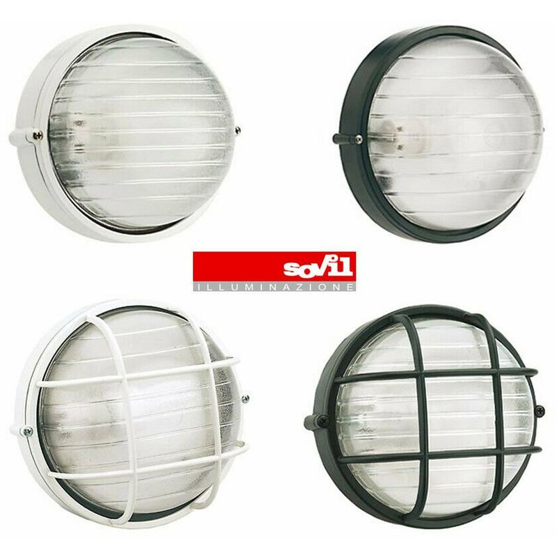 foto del prodotto sovil plafoniera tonda muro da esterno lampada parete gabbia illuminazione luce colore bianca con gabbia dimensione grande h 24 cm