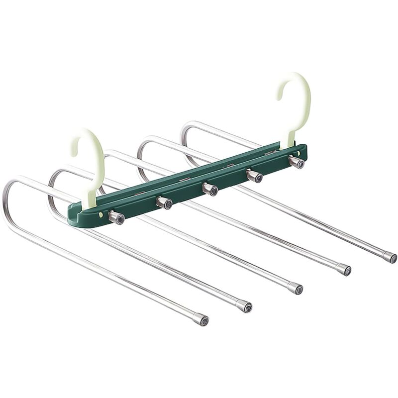 foto del prodotto space saving pant hangers, 5 in 1 retractable non marking pants rack, multi layer pants hanging storage rack for clothes, towels, scarves green 