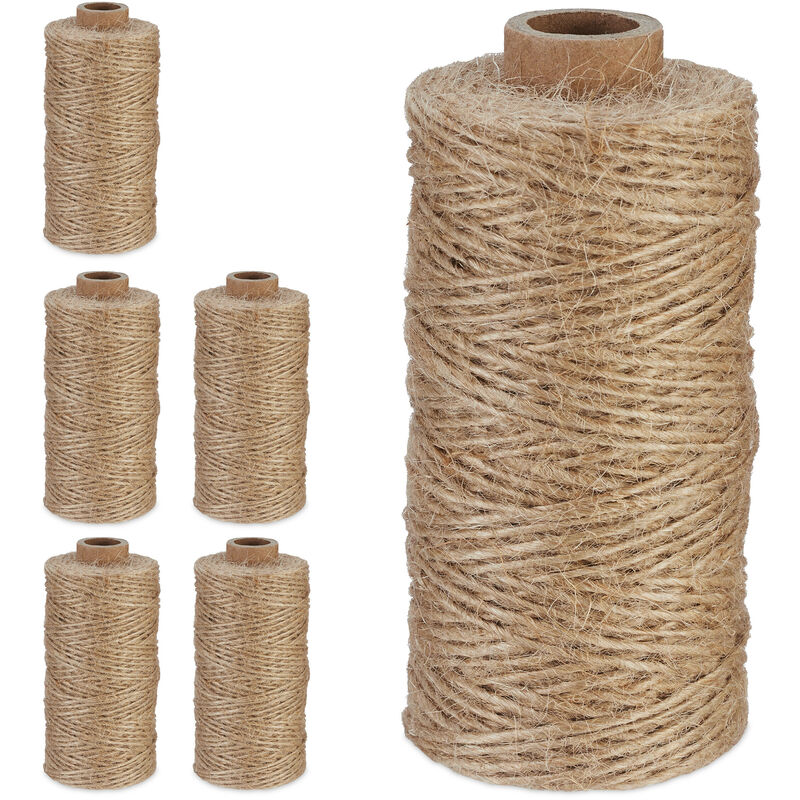 foto del prodotto spago di iuta 1 mm, 6 rotoli juta 100 m ciascuno, corda ecosostenibile per artigianato, imballaggio, marrone relaxdays