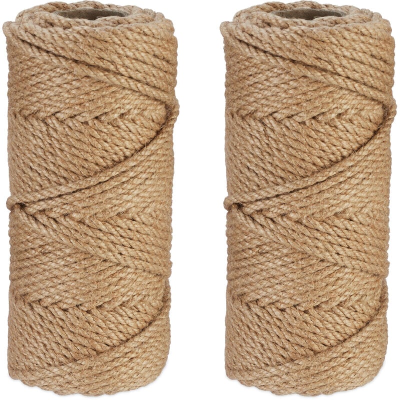 foto del prodotto spago di iuta 5 mm, 2 rotoli juta 50 m ciascuno, corda ecosostenibile per artigianato, imballaggio, marrone relaxdays