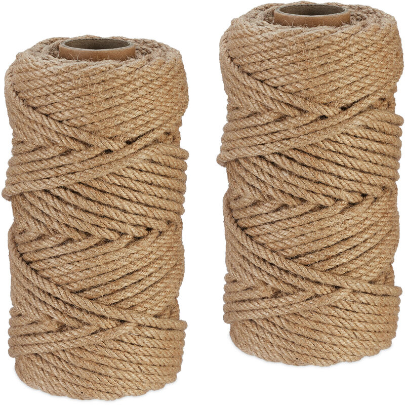 foto del prodotto spago di iuta 6 mm, 2 rotoli juta 50 m ciascuno, corda ecosostenibile per artigianato, imballaggio, marrone relaxdays