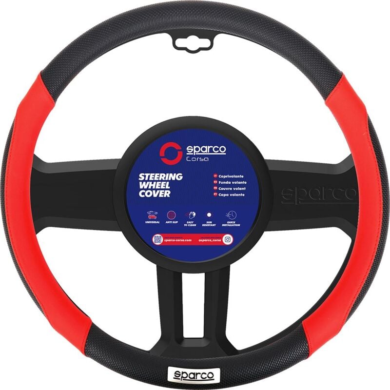 foto del prodotto sparco coprivolante spc1113 auto universale rosso e nero con dettagli traforati