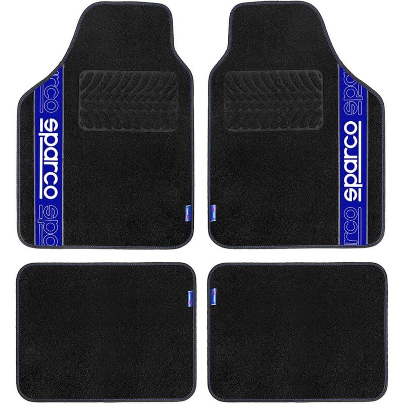 foto del prodotto sparco set 4 tappetini neri e blu universali 2 anteriori con logo e 2 posteriori per auto in moquette