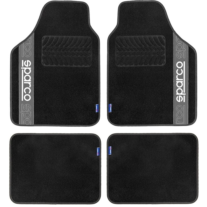 foto del prodotto sparco set 4 tappetini neri e grigi universali 2 anteriori con logo e 2 posteriori per auto in moquette