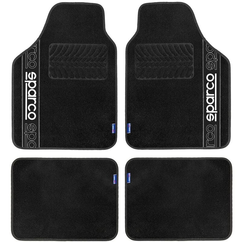 foto del prodotto sparco set 4 tappetini neri universali 2 anteriori con logo e 2 posteriori per auto in moquette