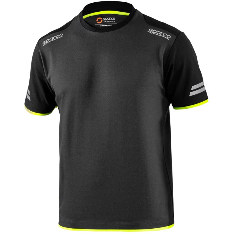 foto del prodotto sparco - t-shirt tech tucson in cotone e poliestere colore grigio scuro/ giallo fluo tg.l con strisce riflettenti ad alta visibilita' effetto pique' grigio scuro + giallo fluo l