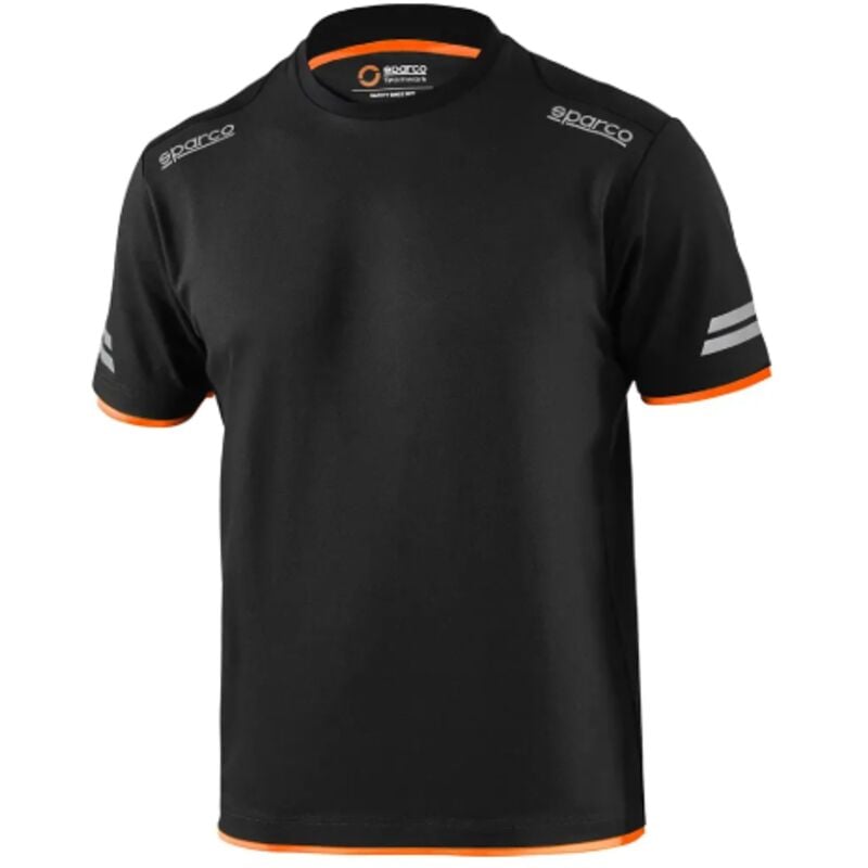 foto del prodotto sparco - t-shirt tech tucson in cotone e poliestere colore nero/arancio fluo tg.l con strisce riflettenti ad alta visibilita' effetto pique' nero + arancio fluo l