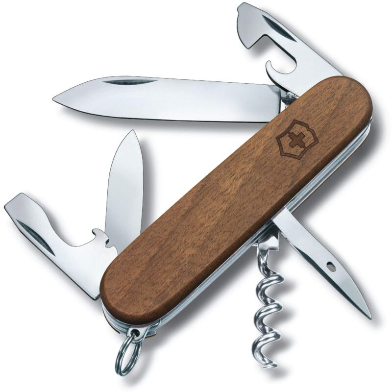 foto del prodotto spartan wood, coltellino svizzero, originale, multiuso, campeggio, 10 funzioni, needle nose pliers, wire cutter for thin and soft wire up to 40 hrc