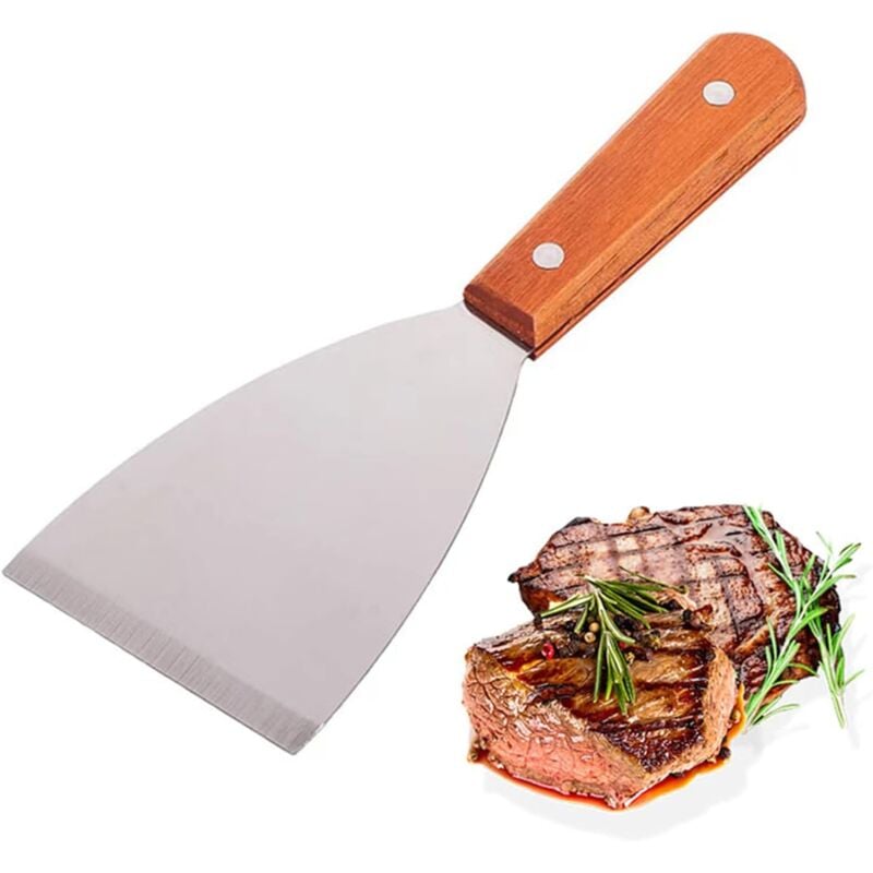 foto del prodotto spatola da cucina in acciaio inossidabile, spatola/raschietto professionale, spatola rettangolare larga, manico in legno in acciaio inossidabile,