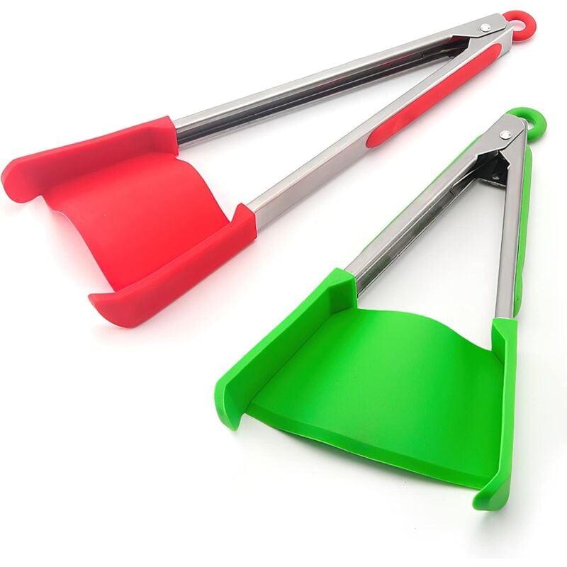 foto del prodotto spatola e pinza da cucina 2 in 1, clip in silicone da 2 pollici, clip ad anello in silicone antiaderente multifunzionale, pinze per griglia in