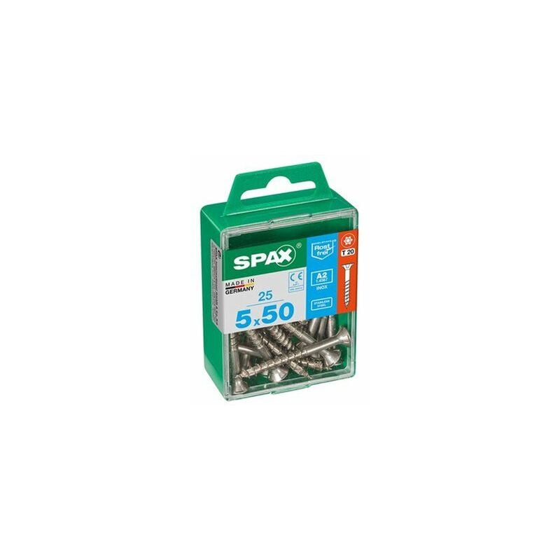 foto del prodotto spax scatola 25 pezzi vite per legno acciaio inox testa piatta a2 5,0x50mm