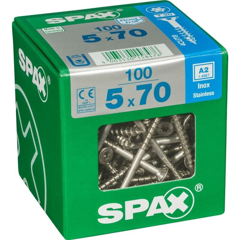 foto del prodotto spax set di 100 viti in acciaio inox testa svasata torx, diam.5 mm x l.70 mm