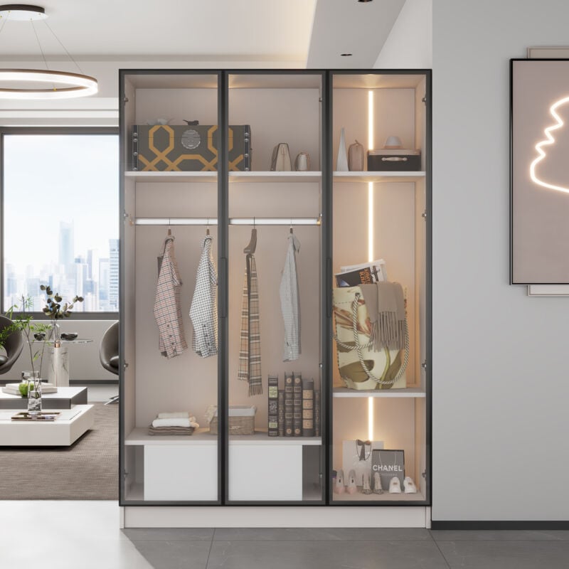 foto del prodotto spazioso armadio bianco con 3 ante in vetro, 1 cassetto e 1 bastone appendiabiti 11050160 cm con luce led