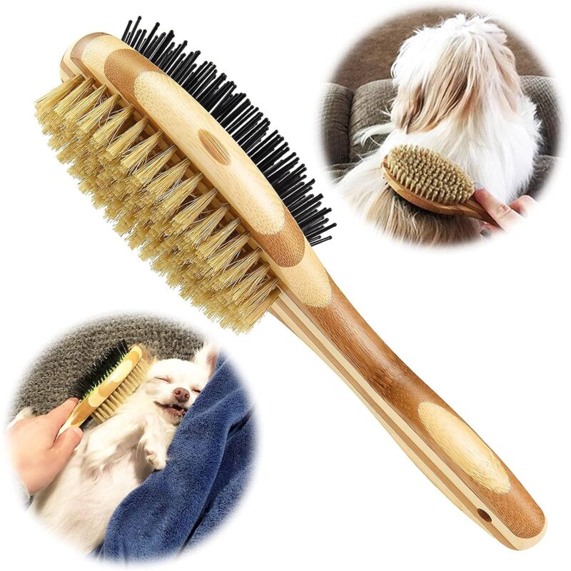 foto del prodotto spazzola a doppia faccia per cani gatti, pettine per toelettatura cani per massaggio e muta, setole morbide, ideale per animali a pelo corto, medio e