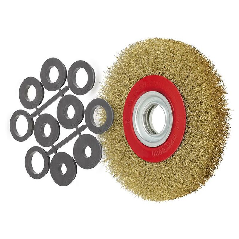 foto del prodotto spazzola circolare 175 mm con fili ondulati in acciao x smerigliatrice da banco