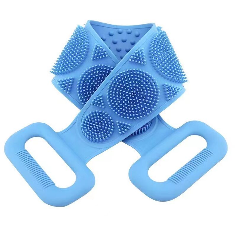 foto del prodotto spazzola da bagno blu, spazzola per la schiena in silicone lunga, spazzola per la schiena in silicone a doppia faccia, spazzola per la schiena con