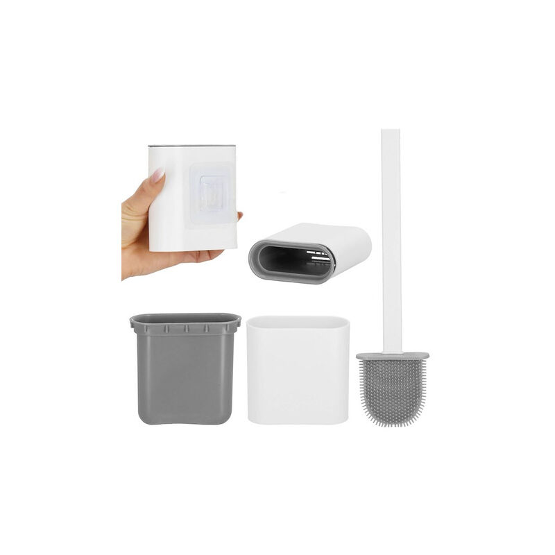 foto del prodotto spazzola da bagno in silicone per wc, con contenitore bianco grigio.