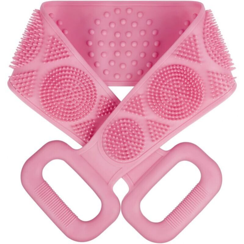 foto del prodotto spazzola da bagno rosa, spazzola per la schiena in silicone lunga, spazzola per la schiena in silicone a doppia faccia, spazzola per la schiena con