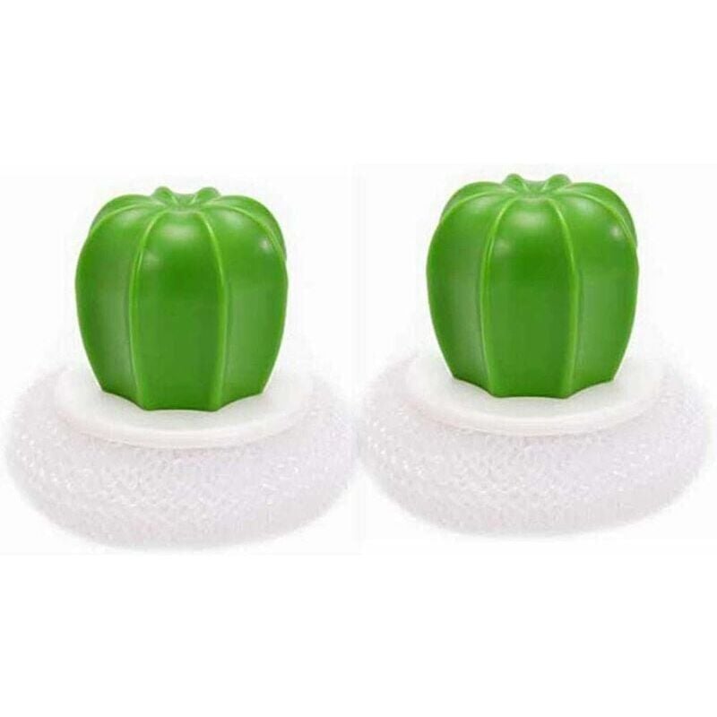 foto del prodotto spazzola da cucina creativa a forma di cactus, spazzola per piatti in acciaio inossidabile con manico in plastica bianca.