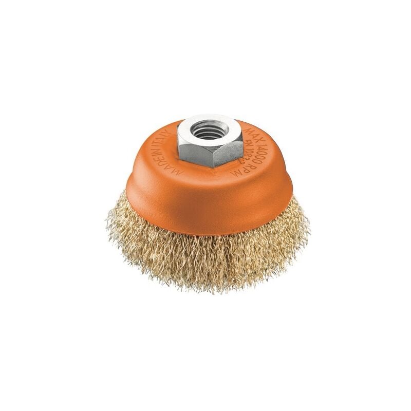 foto del prodotto spazzola in acciaio a tazza per smerigliatrice e frollino setole in acciaio ottonato 80 mm