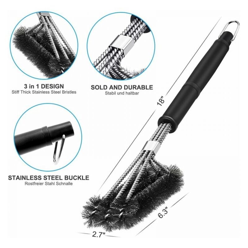 foto del prodotto spazzola per barbecue, spazzola per la pulizia del barbecue 3 in 1, manico lungo, setole in acciaio inossidabile per una pulizia rapida ed efficace