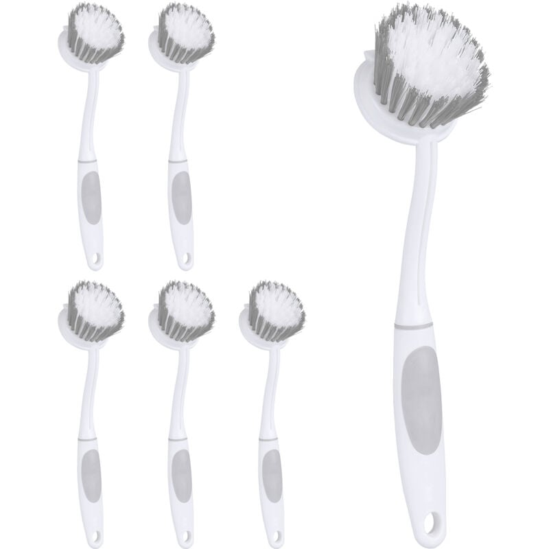 foto del prodotto spazzola per i piatti, set da 6, setole semi dure, manico in gomma, plastica, piatti, stoviglie, bianco grigio relaxdays