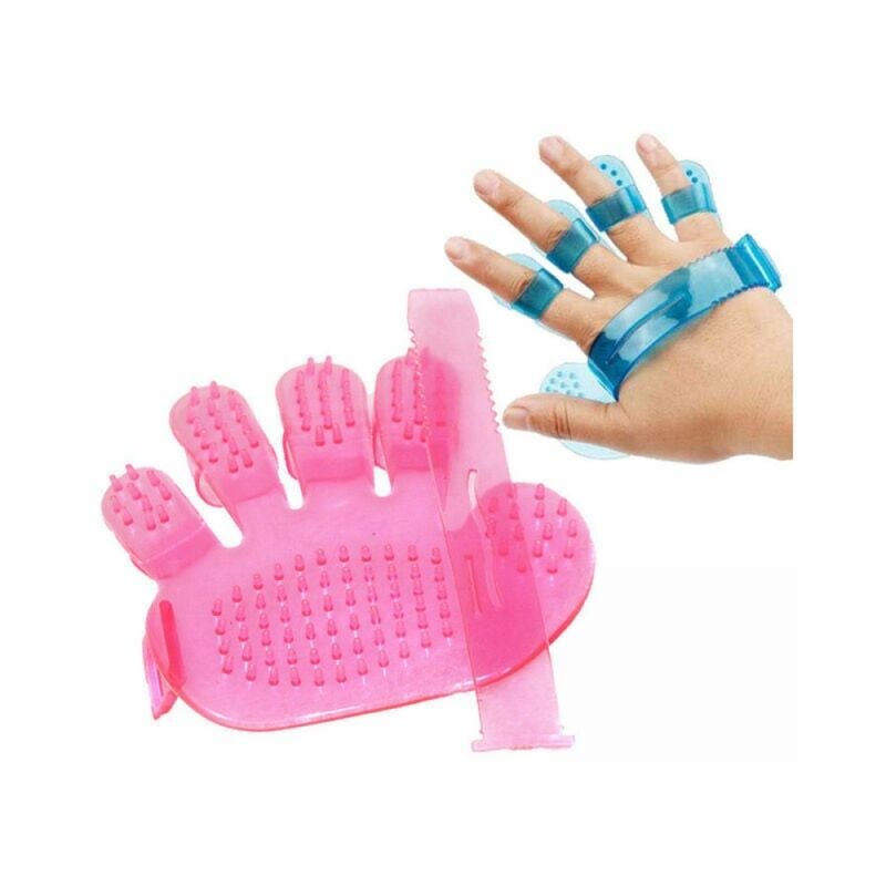 foto del prodotto spazzola per il bagno degli animali domestici, spazzola a cinque dita palm glove, toelettatura di cani e gatti, prodotti per il bagno degli animali domestici, rosa