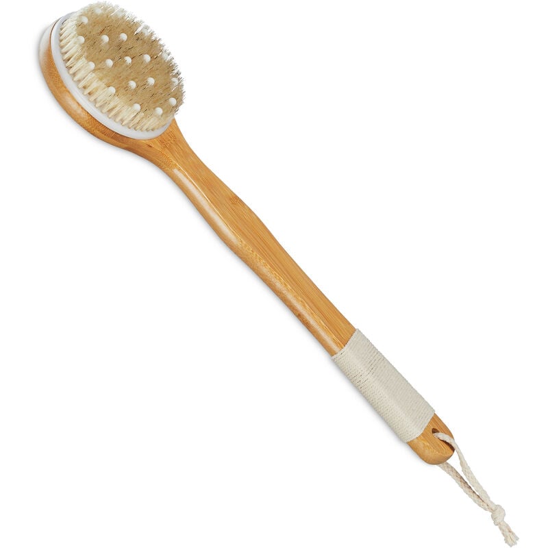 foto del prodotto spazzola schiena doccia, testa rotonda massaggiante, body brushing con manico lungo 41 cm, naturale crema relaxdays