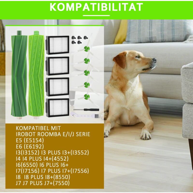 foto del prodotto spazzole accessorie di ricambio per irobot roomba i7 i7 i3 i3 i4 j7 e5 e6 e7, 1 coppia di spazzole principali, 4 filtri, 5 spazzole laterali