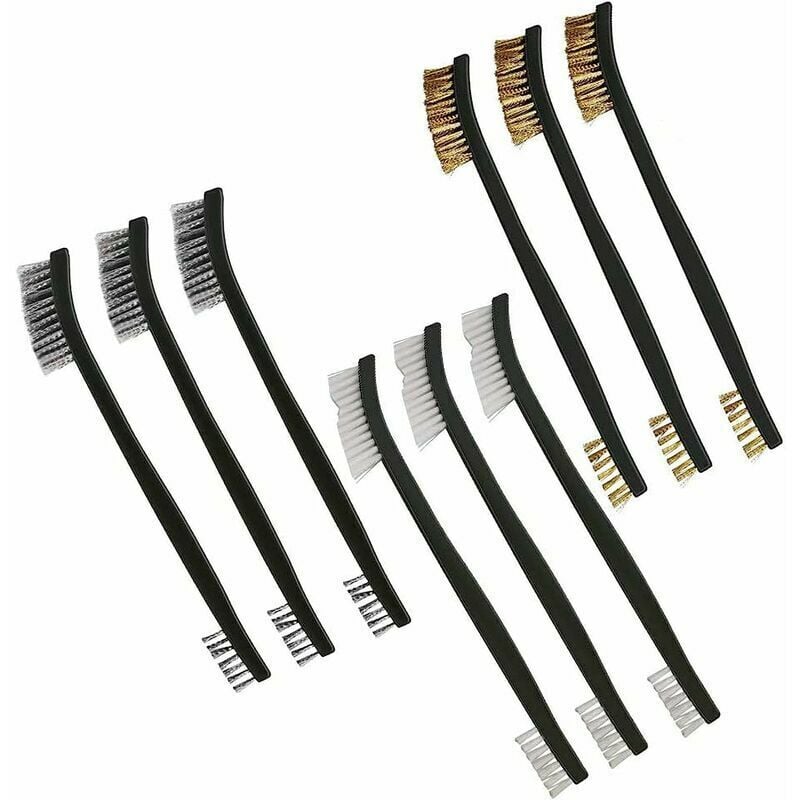 foto del prodotto spazzole metalliche, mini spazzole metalliche da 9 pezzi per la pulizia di scorie di saldatura, ruggine e polvere, piccola spazzola metallica realizzata in acciaio inossidabile, ottone e nylon
