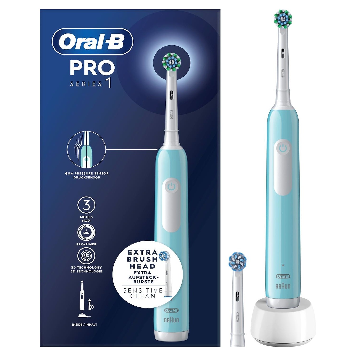 foto del prodotto spazzolino elettrico oral b braun pro 1 blue azzurro con 2 testine incluse