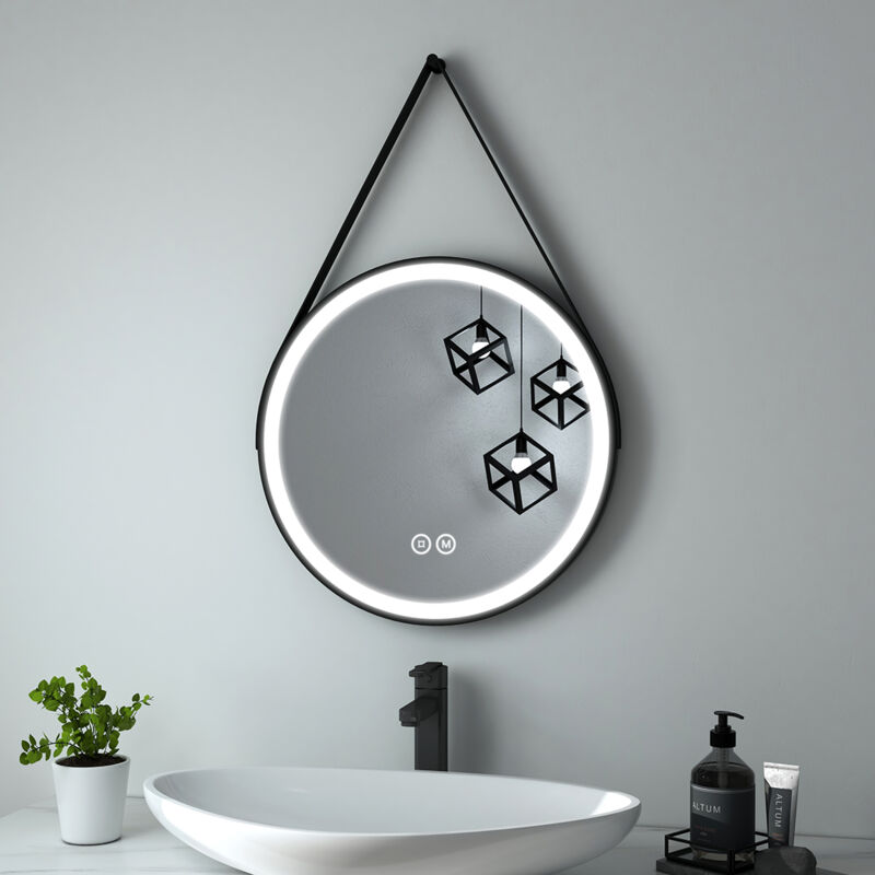 foto del prodotto specchi da bagno con luce rotondo con luce 50cm con cinghia nera regolabile, interruttore a sfioramento e 3 colori di luce dimmerabili heilmetz