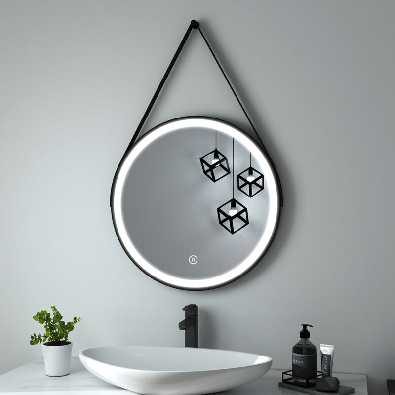 foto del prodotto specchi da bagno con luce rotondo con luce 60cm con cinghia nera regolabile, luce bianca e interruttore a sfioramento heilmetz