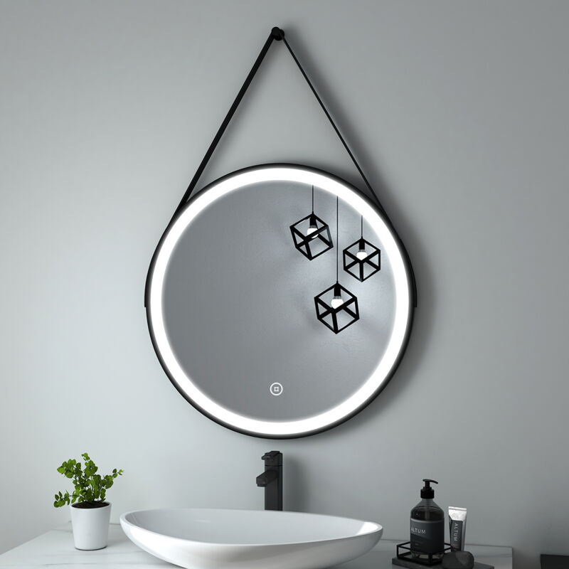foto del prodotto specchi da bagno con luce rotondo con luce 70cm con cinghia nera regolabile, luce bianca e interruttore a sfioramento heilmetz