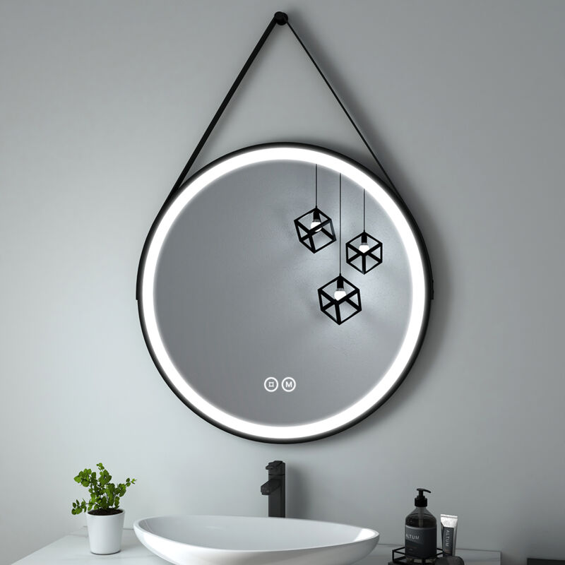 foto del prodotto specchi da bagno con luce rotondo con luce 80cm con cinghia nera regolabile, interruttore a sfioramento e 3 colori di luce dimmerabili heilmetz