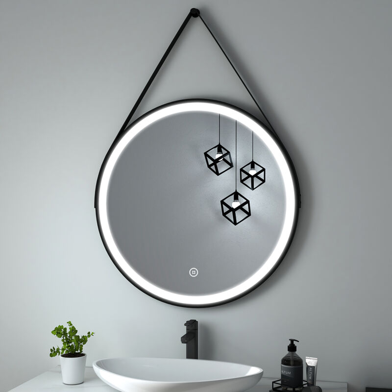 foto del prodotto specchi da bagno con luce rotondo con luce 80cm con cinghia nera regolabile, luce bianca e interruttore a sfioramento heilmetz