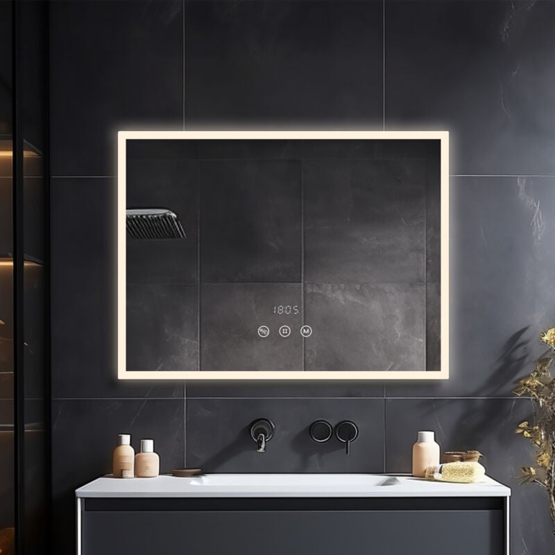 foto del prodotto specchi luminosi per bagno antiappanamento led da muro con orologi, luce a 3 colori regolabile specchio retroilluminato 80x60 cm heilmetz