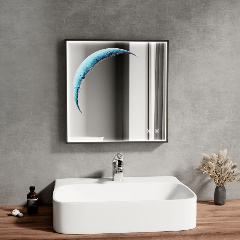 foto del prodotto specchi luminosi per bagno, design lunare decorativo, interruttore touch, antiappannamento, dimmerabile 6500k, 50x50 cm emke