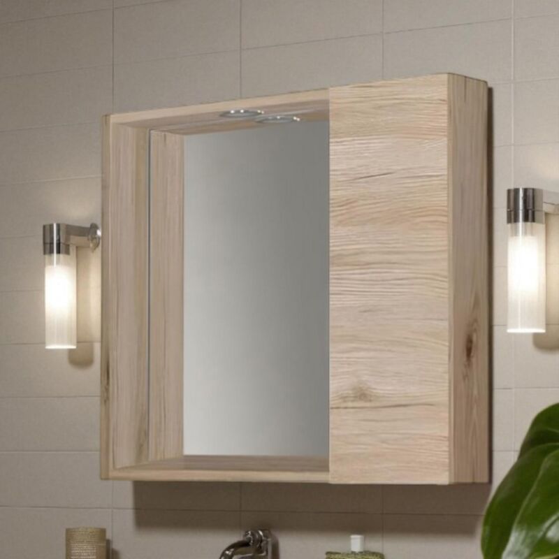 foto del prodotto specchiera bagno 60 cm 1 anta liscia e luce led quercia naturale