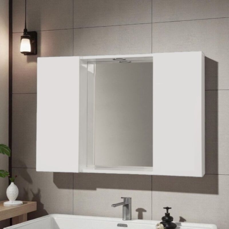 foto del prodotto specchiera bagno 91 cm bianco lucido a 2 ante lisce con luce led