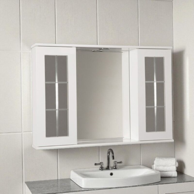 foto del prodotto specchiera bagno bianco lucido 92 cm a 2 ante inglesina con luce led