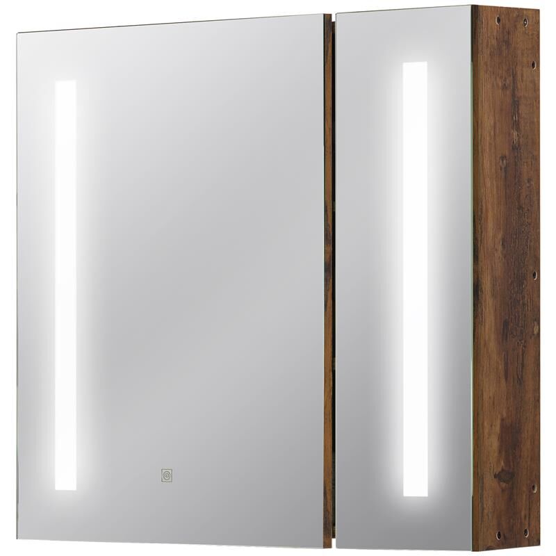 foto del prodotto specchiera bagno con luci led regolabili. 2 ante e mensola regolabile. 70x15x65cm. marrone