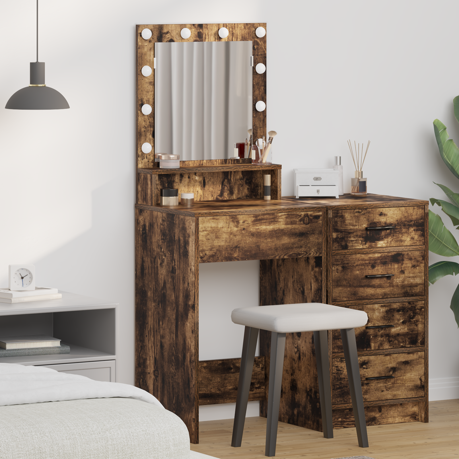 foto del prodotto specchiera con luci a led in rovere affumicato 50x41x135 cm