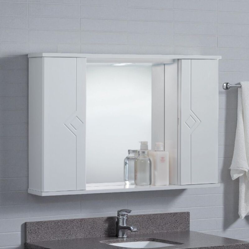 foto del prodotto specchiera da bagno plutone 90 bianco lucido a 2 ante con luce led